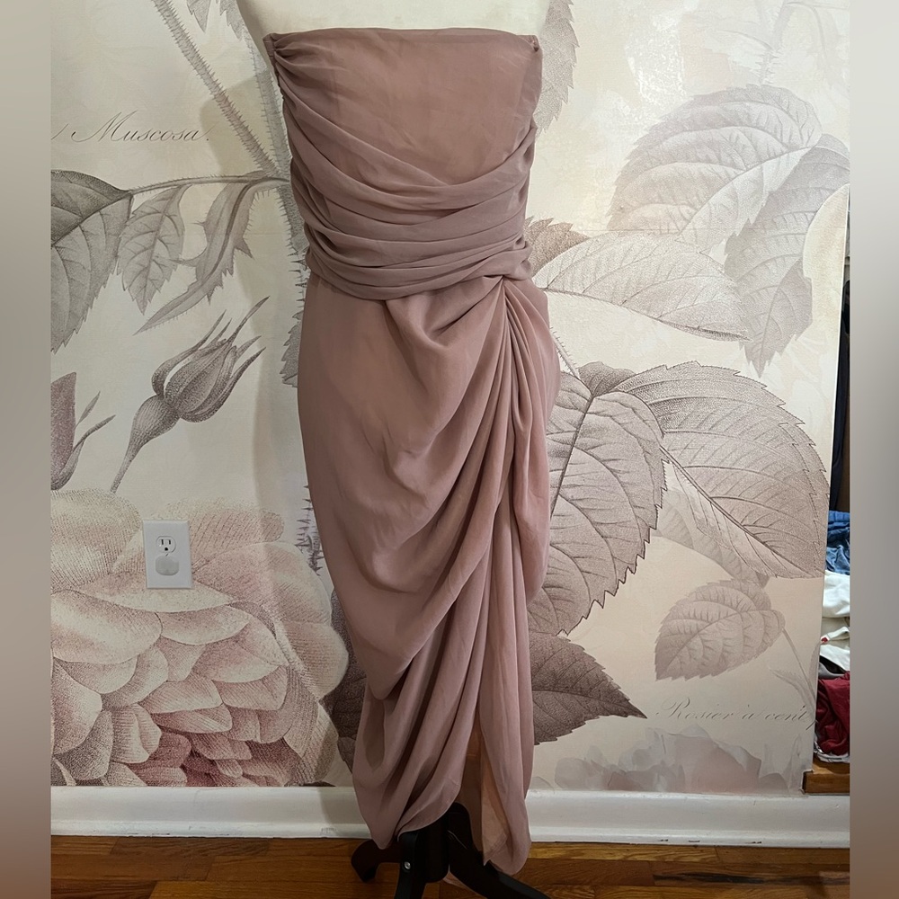 NWT PRETTY LITTLE THINGS TAUPE CHIFFON CORSET BANDEAU DRAPED MIDI DRESS SZ 12